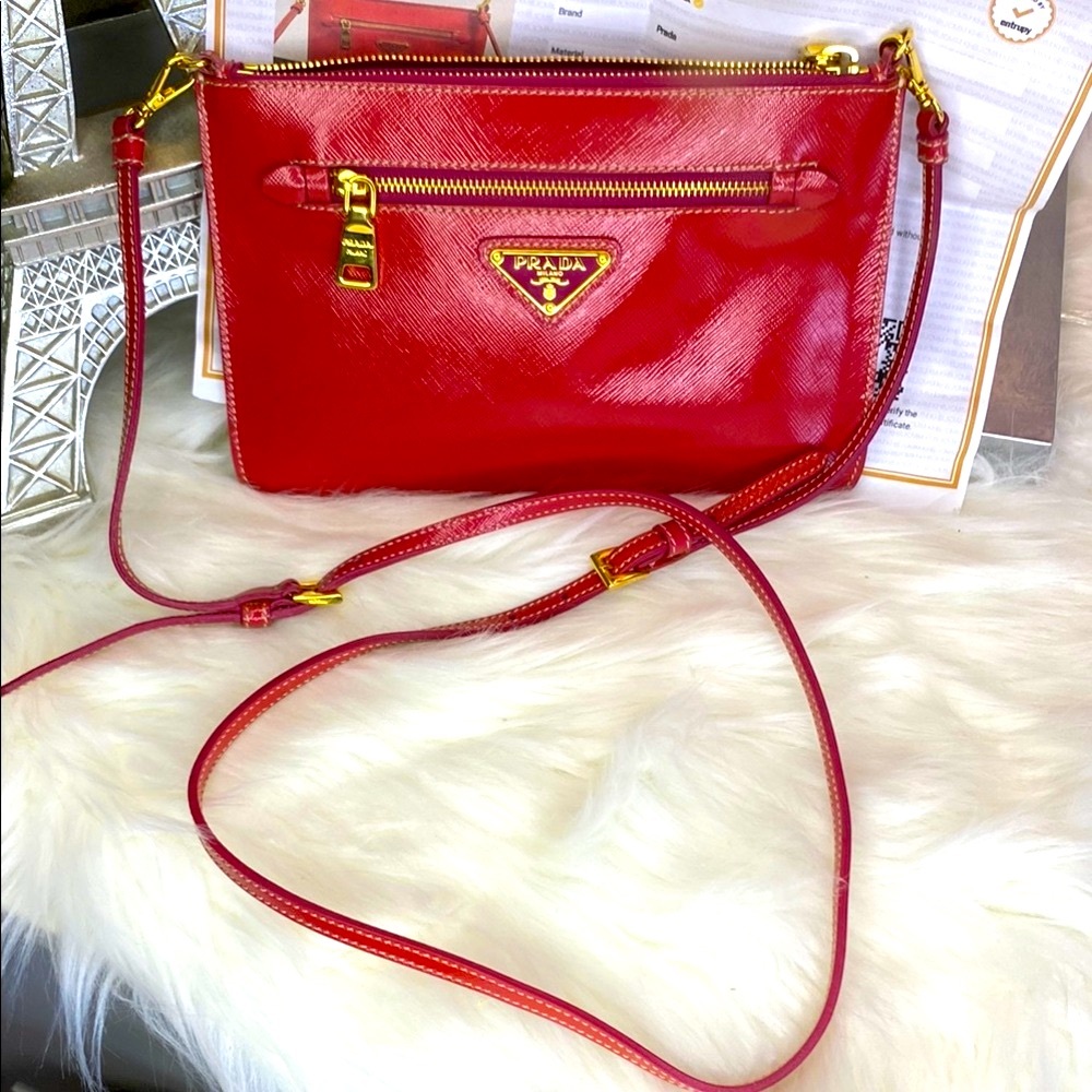 Prada Red Leather Wristlet with Gold Accents